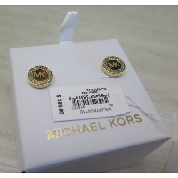 Michael Kors MKJX7854710 Gold Toned Pavè Crystals MK Logo Monogram Stud Earrings - Picture 8 of 9